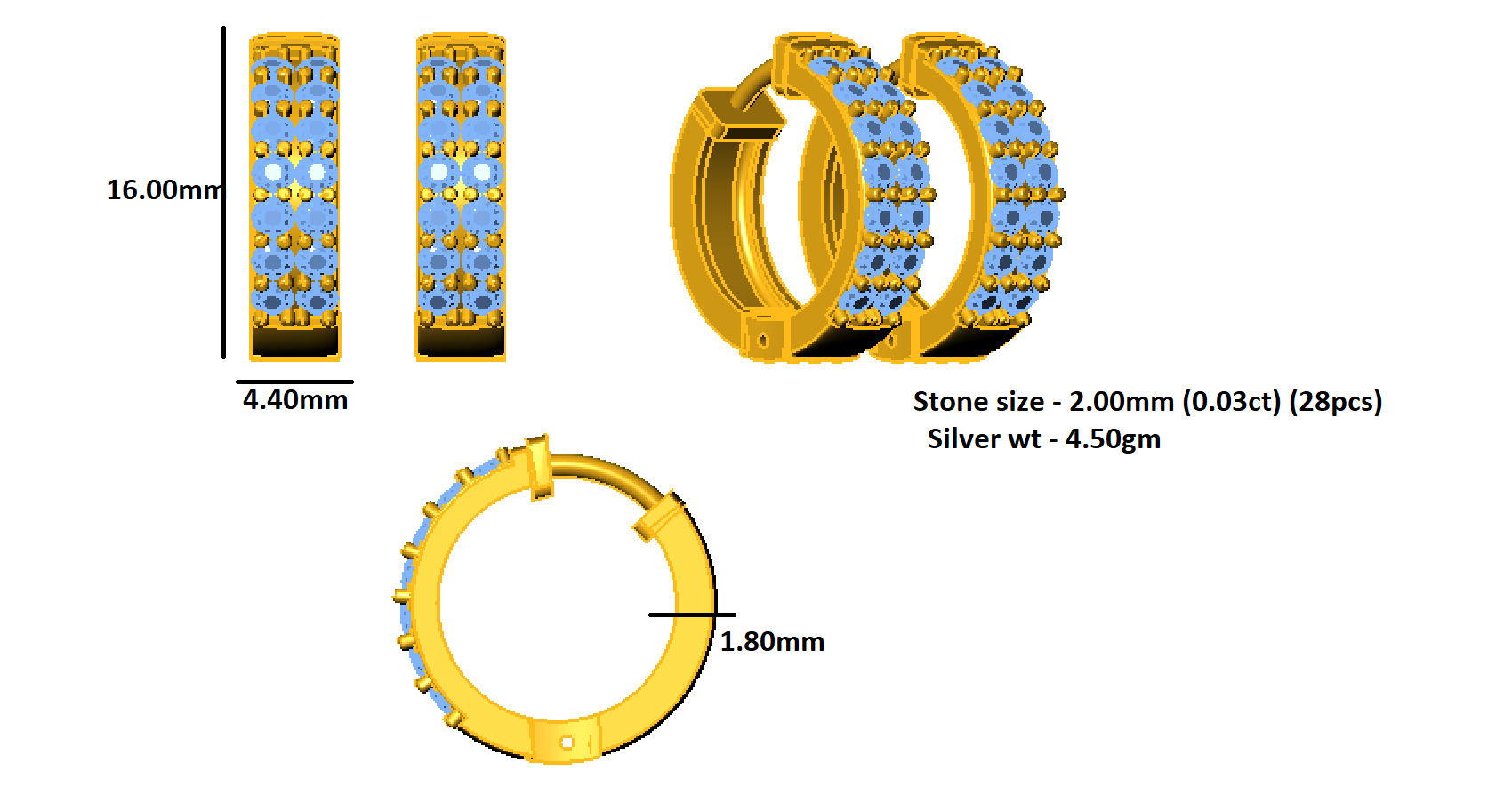 RKC 925 Sterling Silver Clip-On Hoop & Huggies Women Earring 14k Yellow Over Wt 4.50 GM Height 16.00 MM