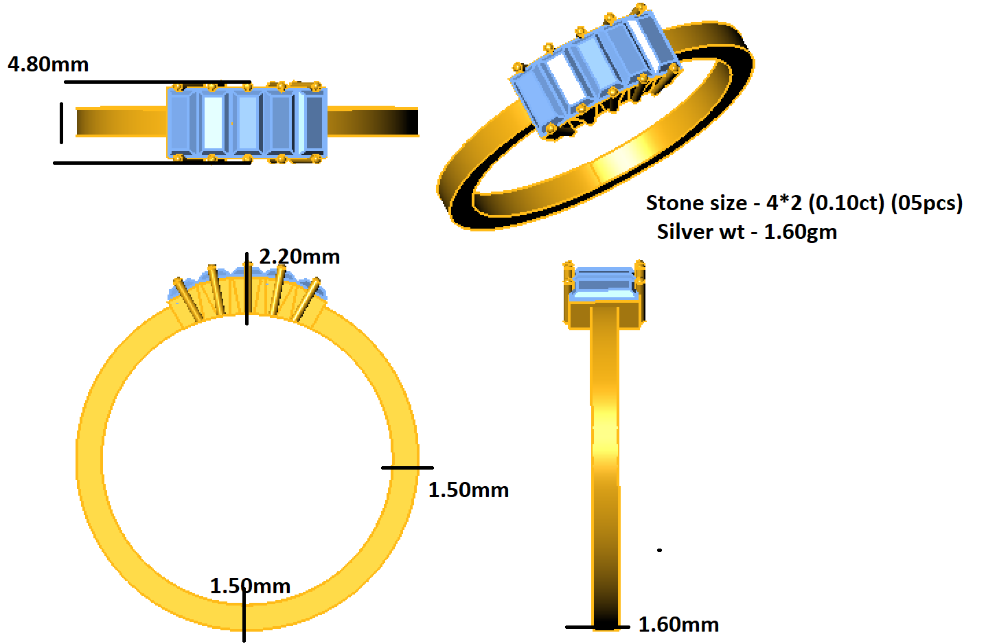 Падарункавы пярсцёнак RKC Baguette Moissanite для жанчын Promise Band, срэбра 925 пробы, пакрыццё з жоўтага золата 14 карат, вага 1,60 г, шырыня 1,60 мм
