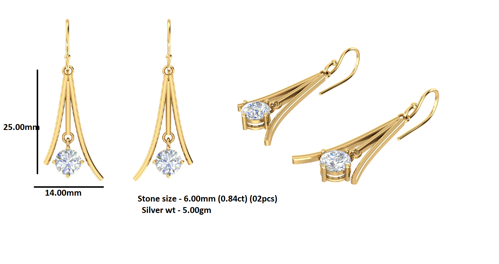 RKC Certified Moissanite Golden Drop Dangle Earrings 925 Sterling Silver Weight- 5gm