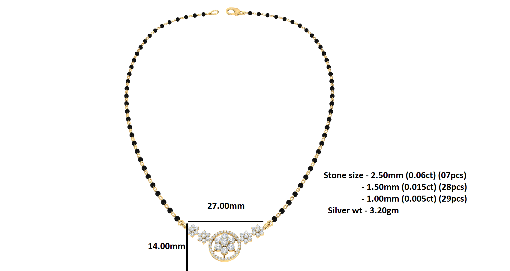 RKC 0.98Ct મોઈસાનાઈટ મહિલા મંગળસૂત્ર 925 સિલ્વર 14k વ્હાઇટ ગોલ્ડ પ્લેટેડ પ્રોડક્ટ વજન 3.20gm ઊંચાઈ 14.00mm