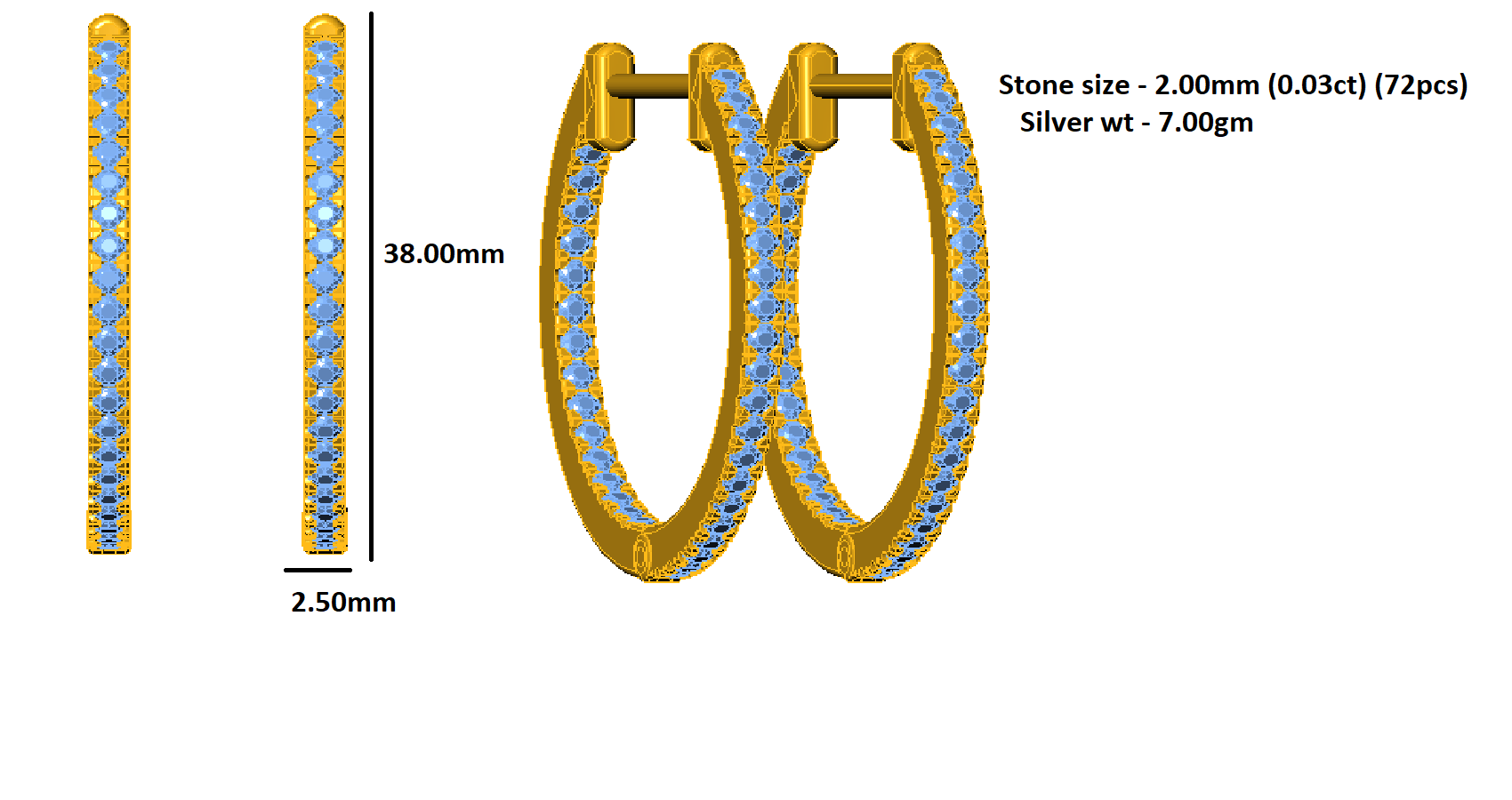 RKC 925 স্টার্লিং সিলভার ওয়ান রো মহিলাদের কানের দুল 14k রোজ ওভার Wt 7.00 GM উচ্চতা 38.00 MM