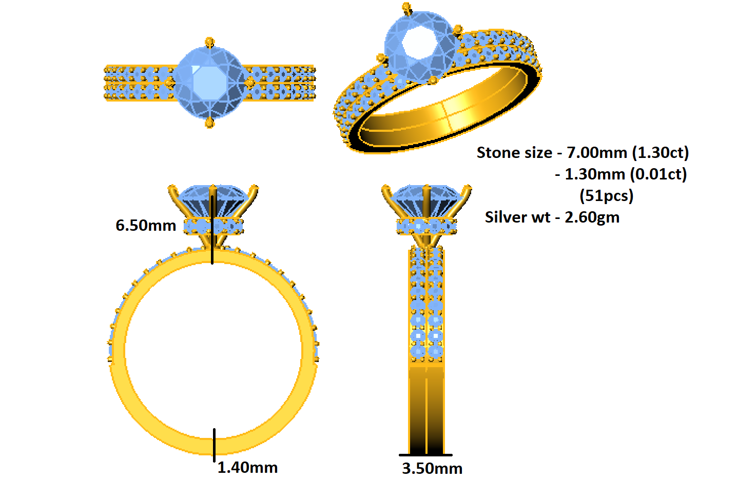 Заручальны падарункавы вясельны пярсцёнак з муасанітам круглай агранкі RKC, срэбра 925 пробы, пакрыццё з жоўтага золата 14 карат, вага 2,60 г, шырыня 3,50 мм