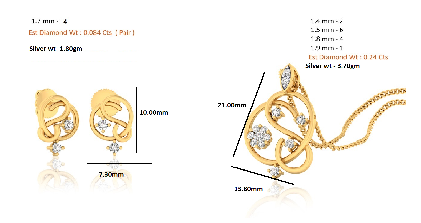 RKC 925 સિલ્વર ગોલ્ડન ટોટલ 0.32Ct મોઈસાનાઈટ પેન્ડન્ટ Wt 3.70gm અને Wt એરિંગ 1.80gm સેટ 14K યલો ગોલ્ડ પ્લેટેડ સાથે