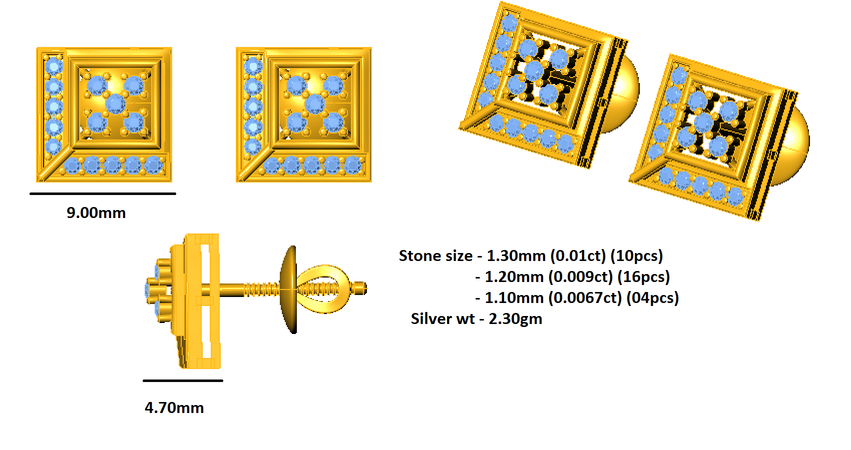 RKC 925 Sterling Silber Rundschliff kleiner quadratischer Ohrstecker, 14 Karat Rose über Produktgewicht 2,30 GM, Steinhöhe 9,00 mm