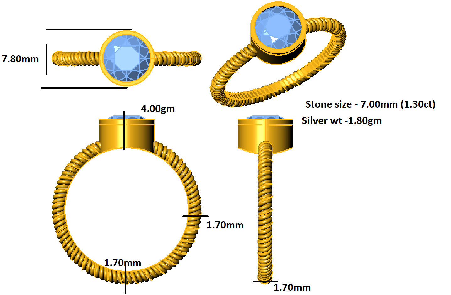 Пярсцёнак з абадком унісекс-пас'янс RKC, круглы муасаніт, срэбра 925 пробы, пакрыццё з ружовага золата, вага 1,80 г, шырыня 1,70 мм