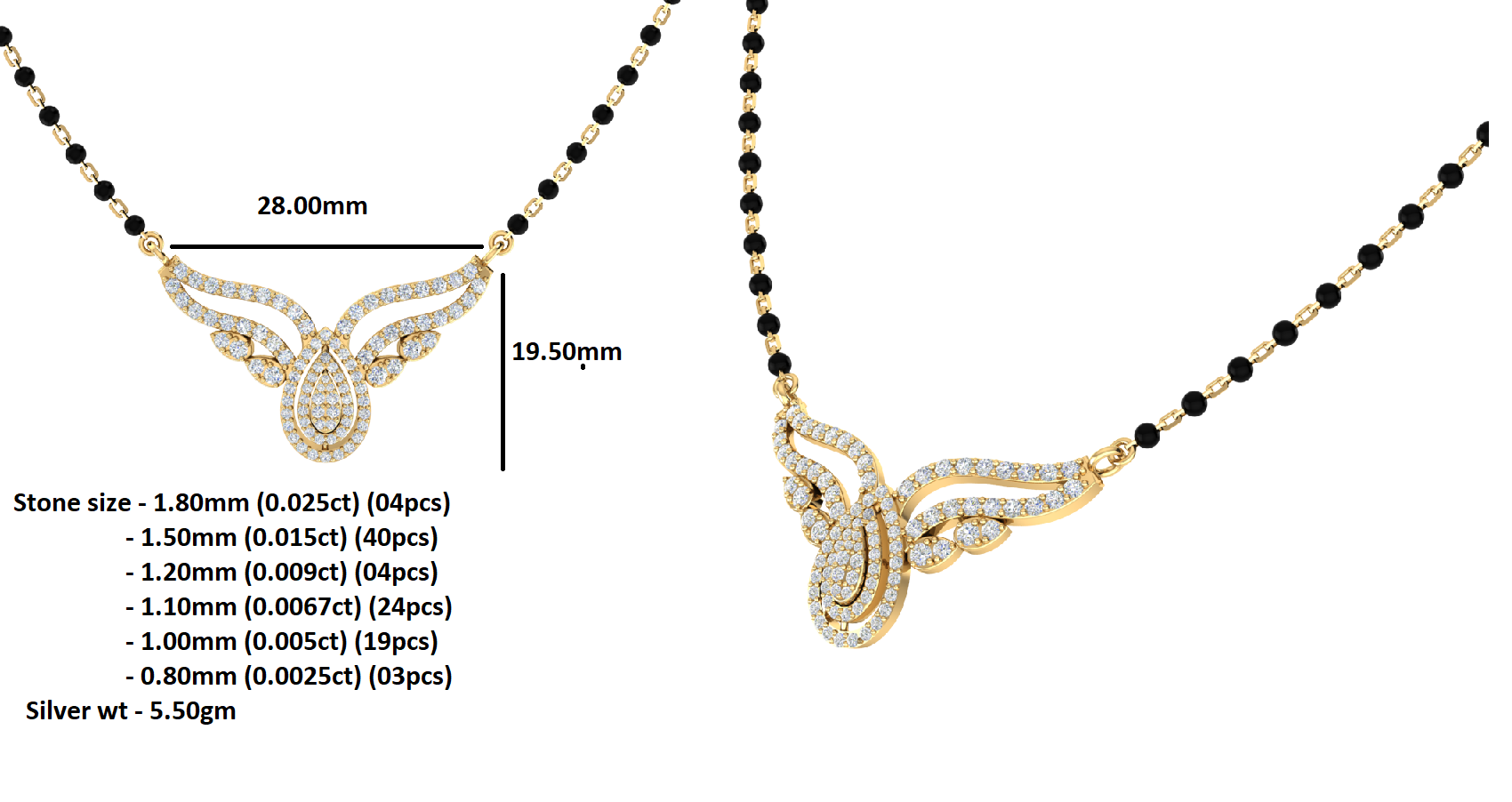 RKC 1 ct મોઈસાનાઈટ મહિલા મંગલસૂત્ર 925 સિલ્વર 14k રોઝ ગોલ્ડ પ્લેટેડ પ્રોડક્ટ વજન 5.50 ગ્રામ ઊંચાઈ 19.50 મીમી