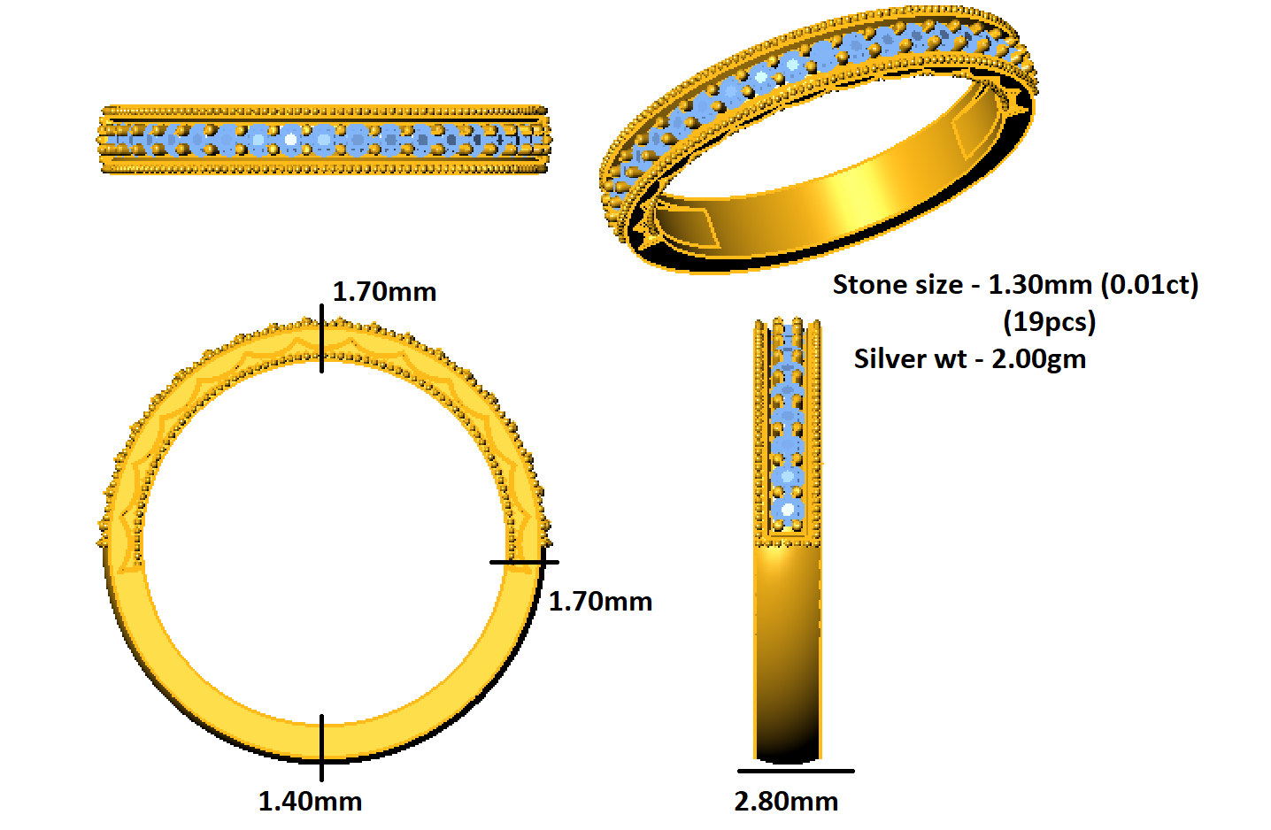 Пярсцёнак RKC Moissanite Milgrain Half Eternity Band Ring з стерлингового срэбра 925 пробы Кальцо для яе з пакрыццём з жоўтага золата 14 карат Вага 2 г Шырыня 2,80 мм
