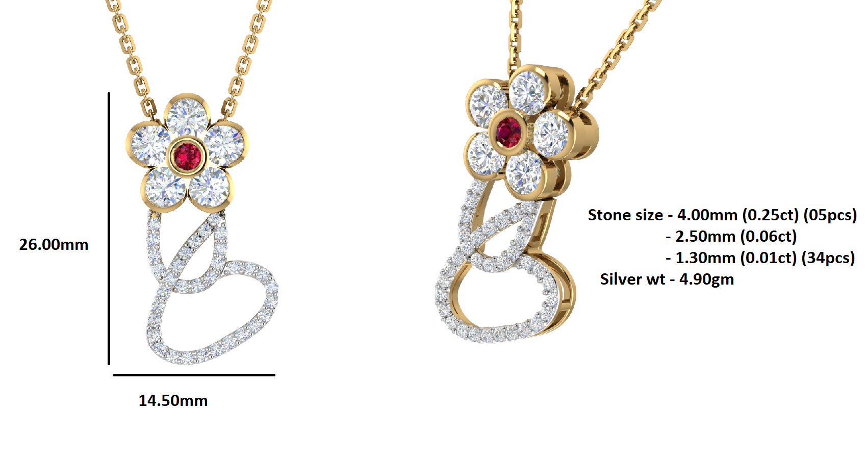 RKC 1.65Ct ময়সানাইট ফুলের দুল 925 সিলভার জুয়েলারী 14K রোজ গোল্ড প্লেটেড Wt 4.90gm উচ্চতা 26.00mm