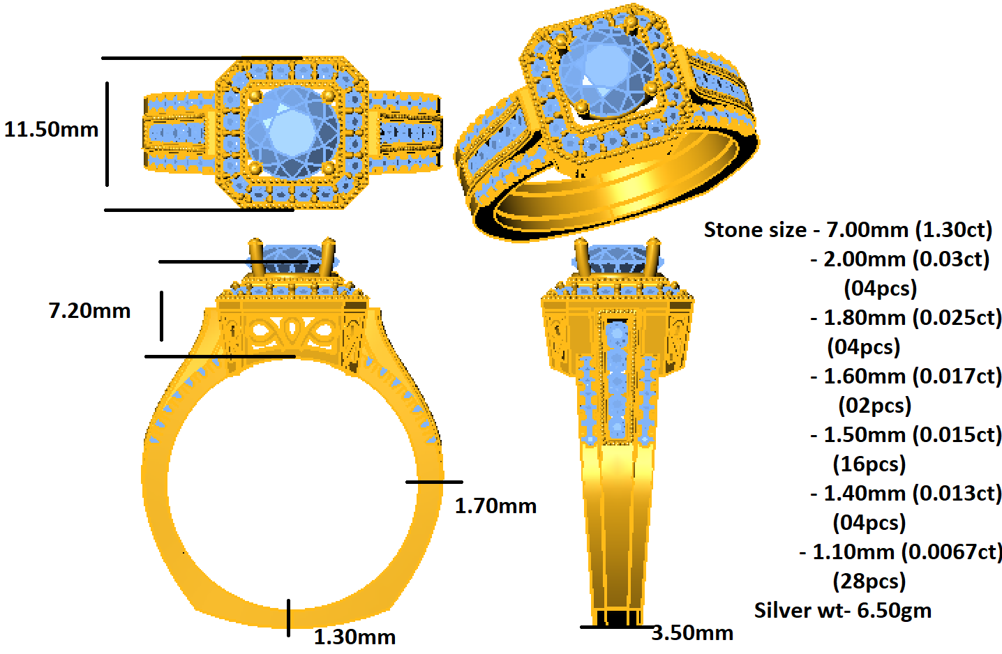 महिलाओं के लिए आरकेसी राउंड मोइसानाइट एंगेजमेंट हेलो रिंग 925 सिल्वर 14K येलो गोल्ड प्लेटेड वजन 6.50 ग्राम चौड़ाई 3.50 MM