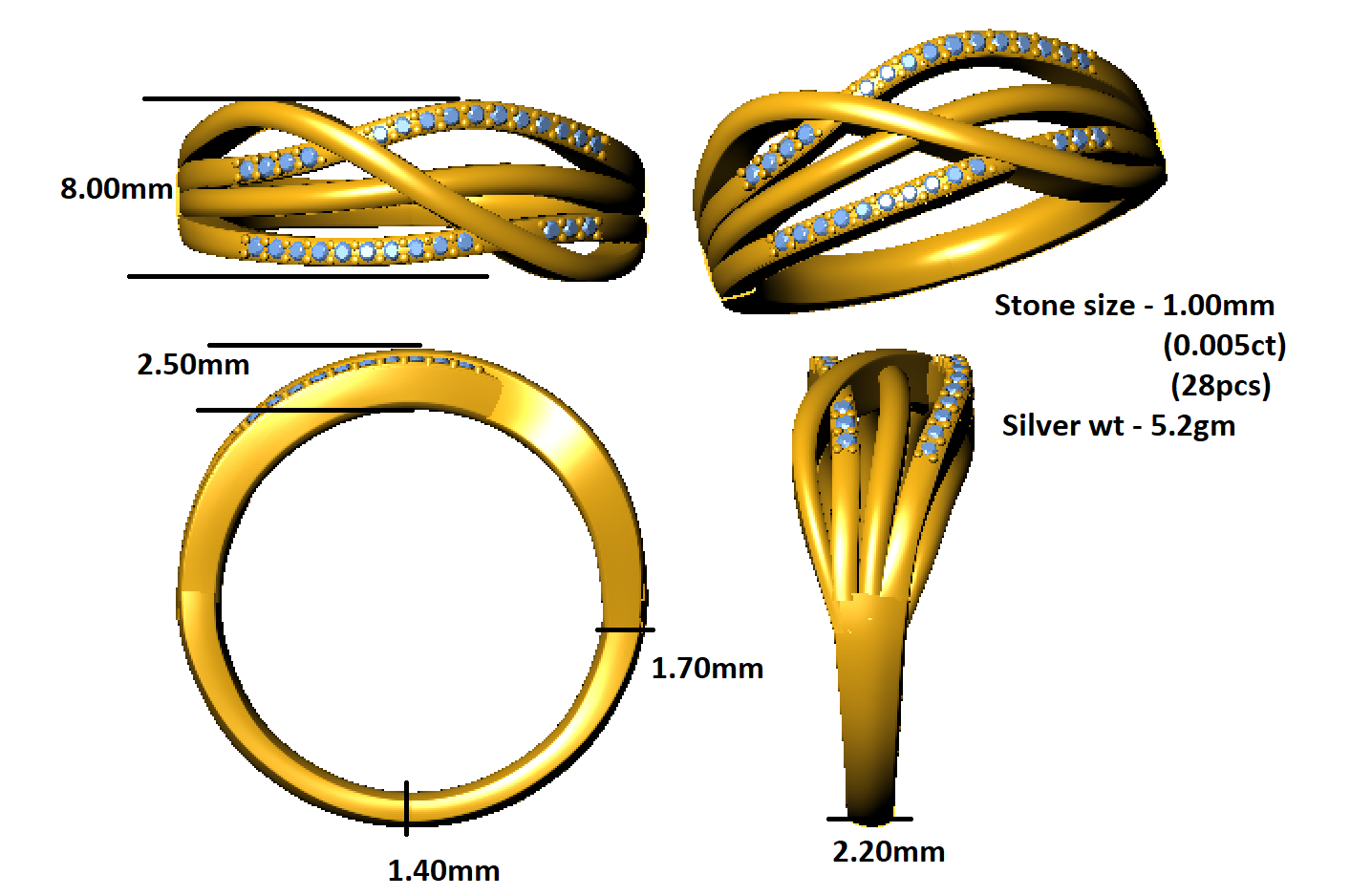 RKC Round Moissanite Multi-Layer Layered Criss Cross Women Ring 925 Silver 14K Rose Gold Plated Wt 5.2 gm Width 2.20 MM