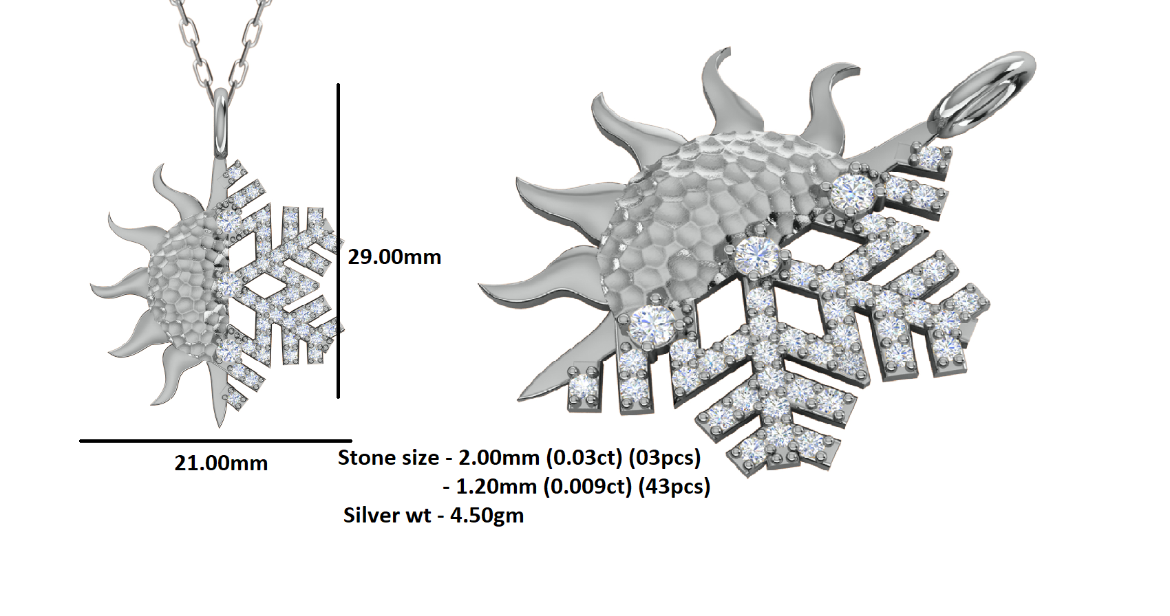RKC 0.47Ct मॉइसॅनाइट सन आणि स्नोफ्लेक पेंडंट 925 चांदीचे दागिने 14K पिवळा सोन्याचा मुलामा Wt 4.50gm उंची 29mm