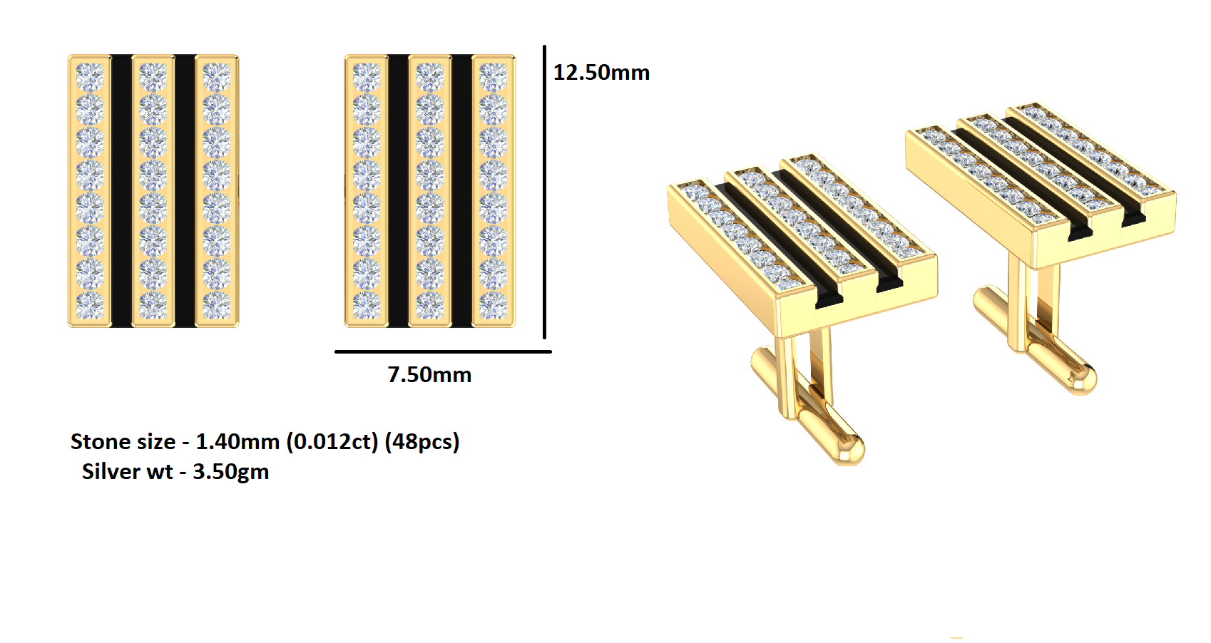 RKC 모이사나이트 925 스털링 실버 커프링크스 & 브로치 14K 로즈 골드 도금 제품 중량 3.20gm