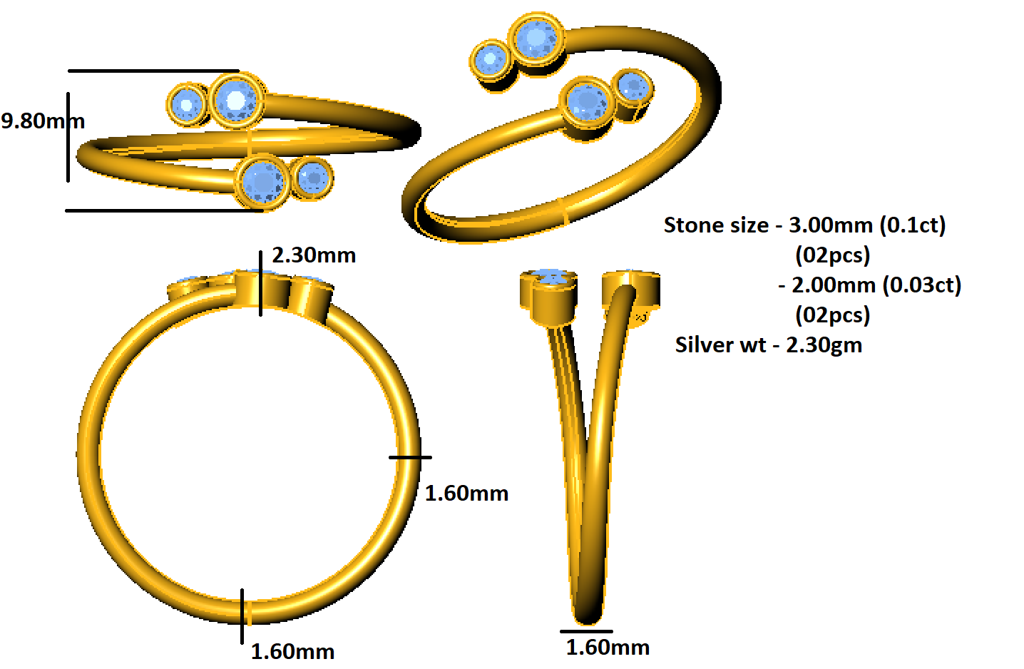 RKC Round Moissanite Open Bypass Wedding Ring 925 Sterling Silver 14K Yellow Gold Plated Wt 2.30 gm & Width 1.60 MM