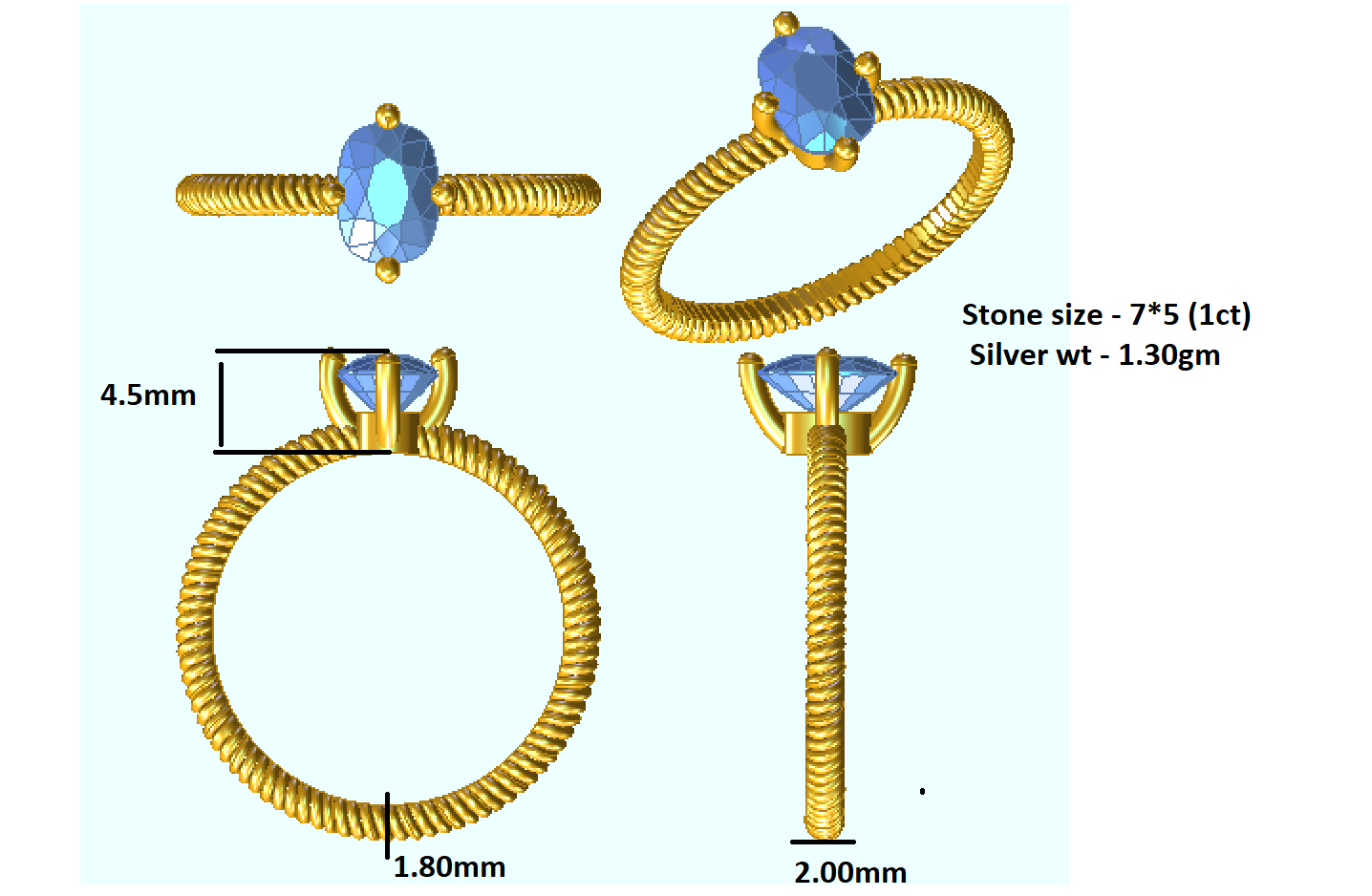 Cincin Pertunangan Moissanite Potongan Ova RKC 925 Perak 14K Berlapis Emas Kuning untuk Wanita Berat 1,30 Gram dan Lebar 2.00Mm