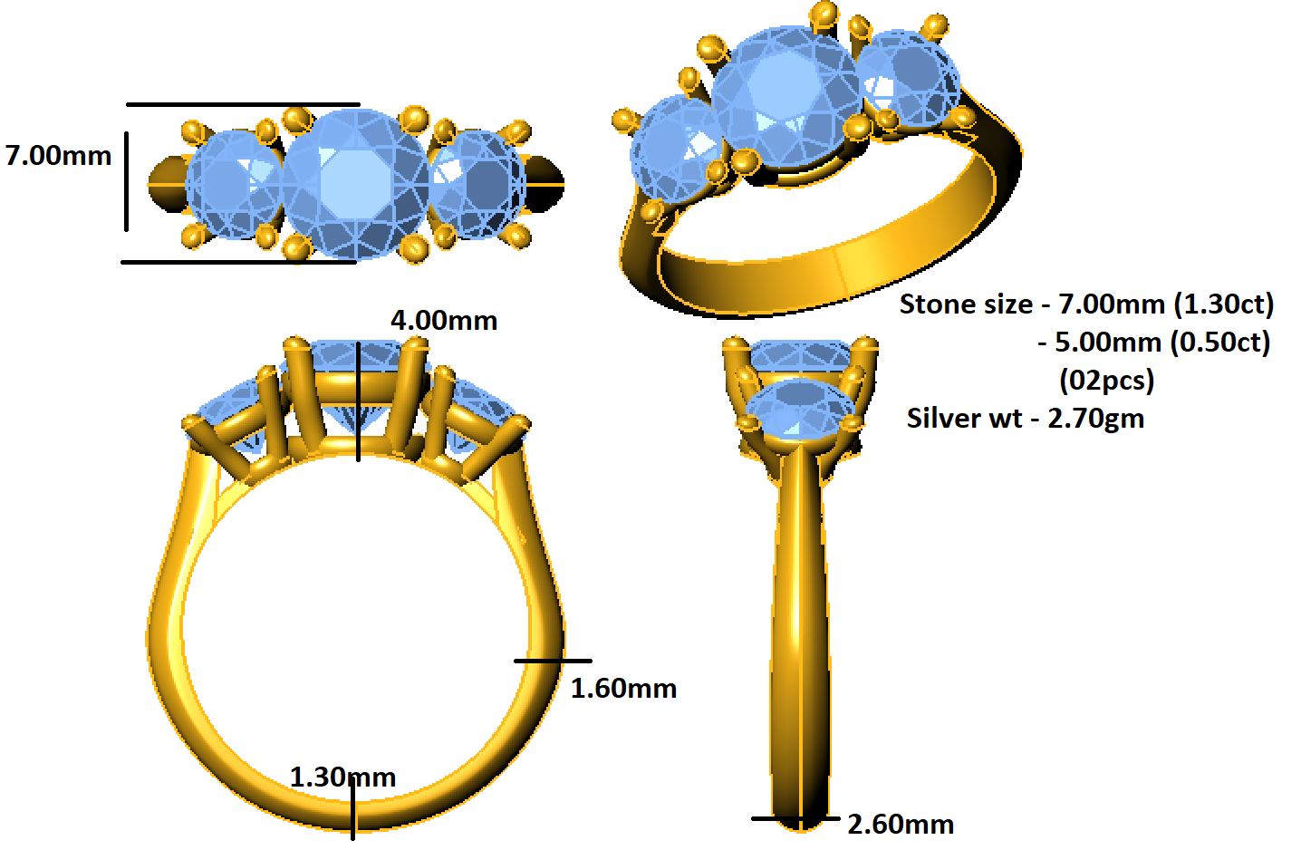 Заручальны пярсцёнак RKC з круглым муасанітам і абяцаннем з трох камянёў, срэбра 925 пробы, пакрыццё з ружовага золата 14 карат, вага 2,70 г, шырыня 2,60 мм