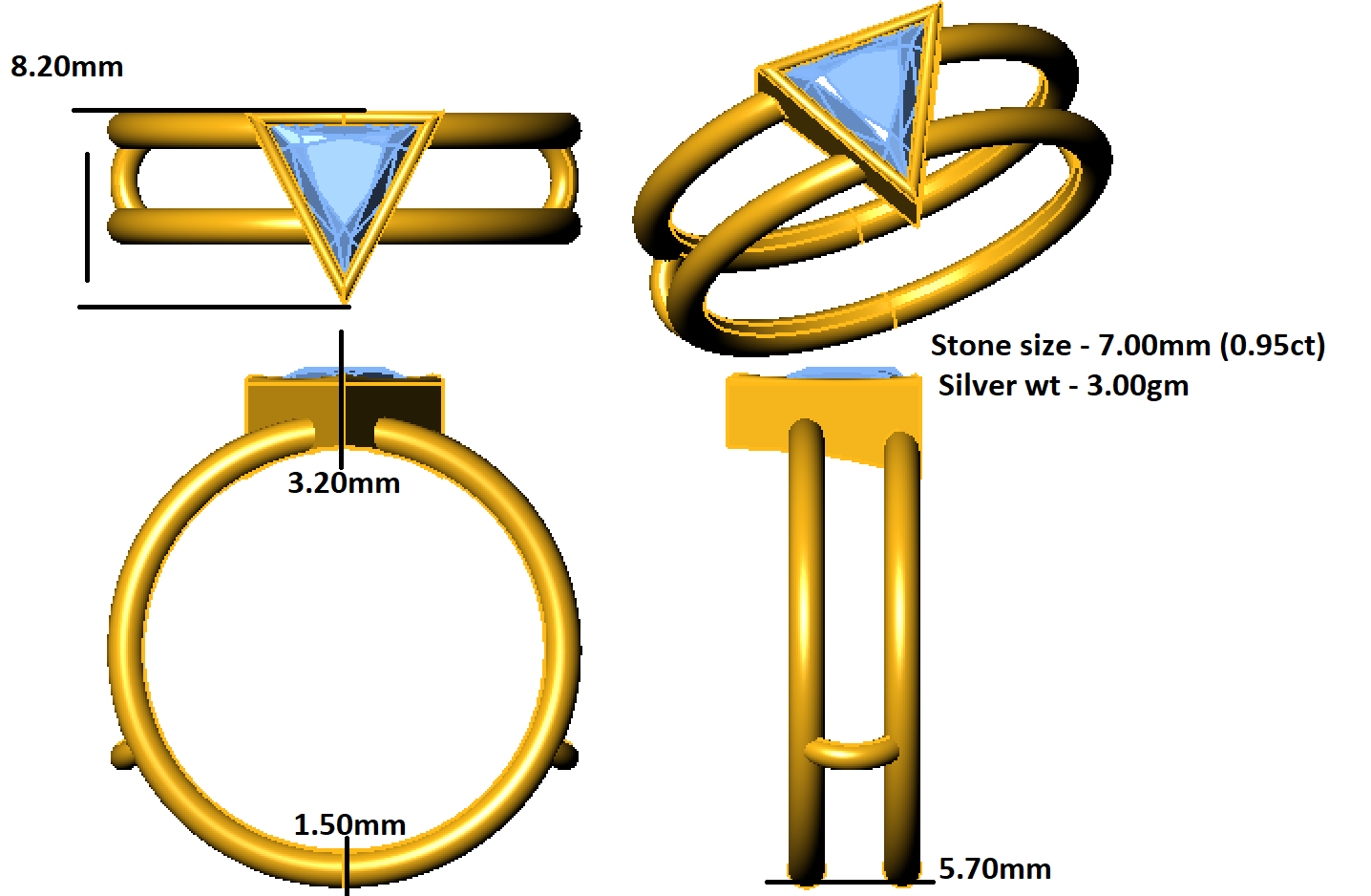 RKC Moissanite Trillion Cut Жаночы заручальны пярсцёнак 925 стерлингового срэбра 14 карат з пакрыццём з жоўтага золата Вага 3 г Шырыня 5,70 мм