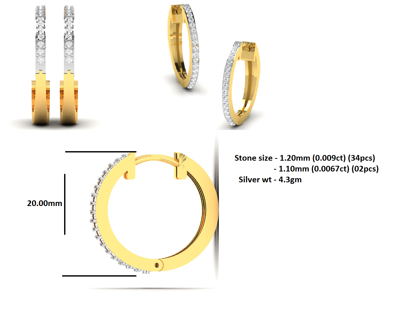 Жаночыя завушніцы з абручом круглай формы 925 пробы стерлингового срэбра 14 карат, ружа больш за 4,3 GM, вышыня 20,00 мм