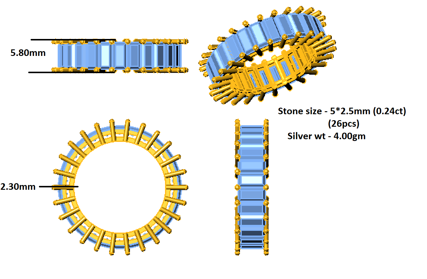 RKC Baguette Cut Moissanite Full Eternity Band For Girlfriend 925 Silver 14K Rose Gold Plated Wt 4 gm Width 5.80 MM
