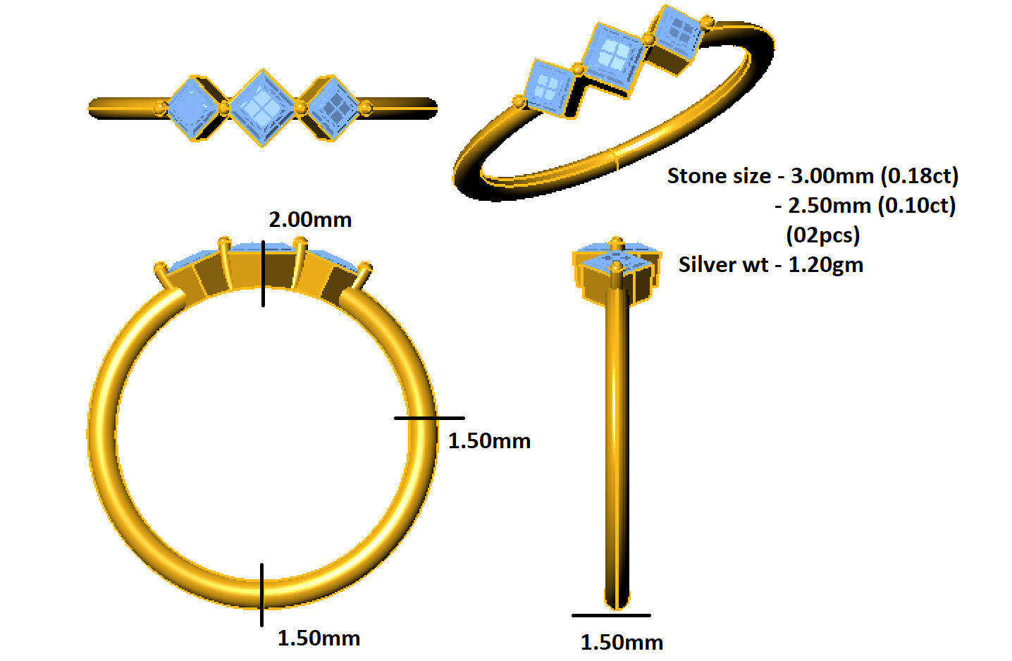 Пярсцёнак з трох камянёў прынцэсы RKC Moissanite з 14-каратнага жоўтага пазалочанага срэбра 925 пробы Вага 1,20 г, шырыня 1,50 мм