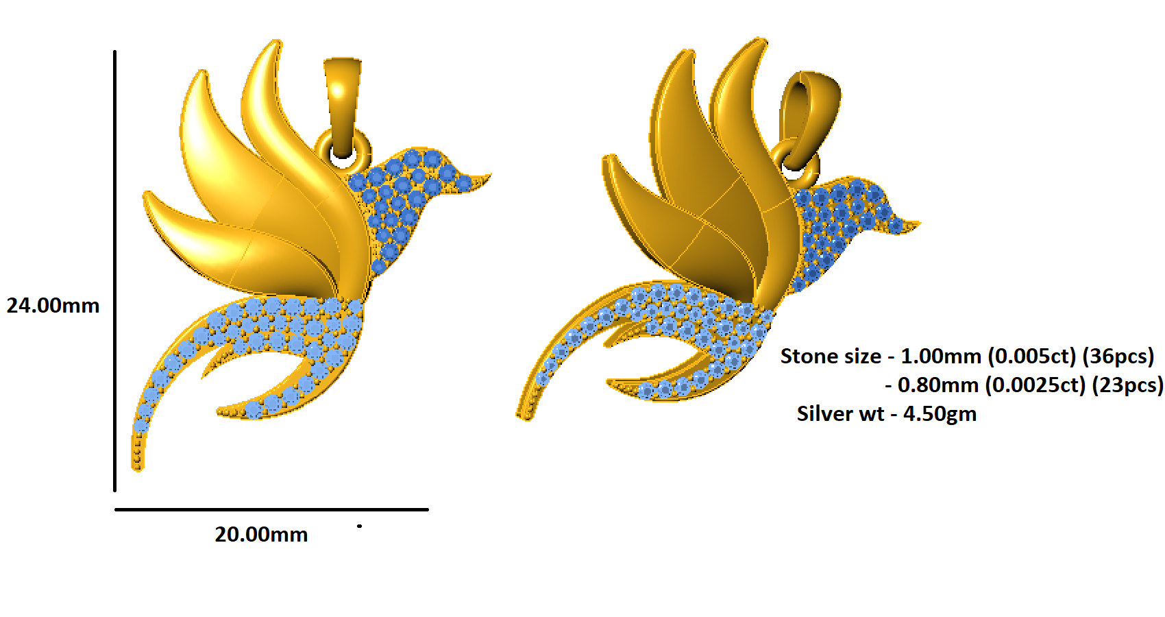 RKC 0.23Ct Moissanite Wings Charm Pendant 925 Silver Jewelry 14K Yellow Gold Plated Wt 4.50gm Height 24mm