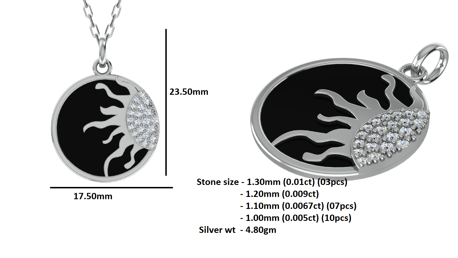 RKC 0.13Ct Moissanite Enamel Sun Pendant 925Silver Jewelry 14K Yellow Gold Plated Wt 4.80gm Height 23.50mm