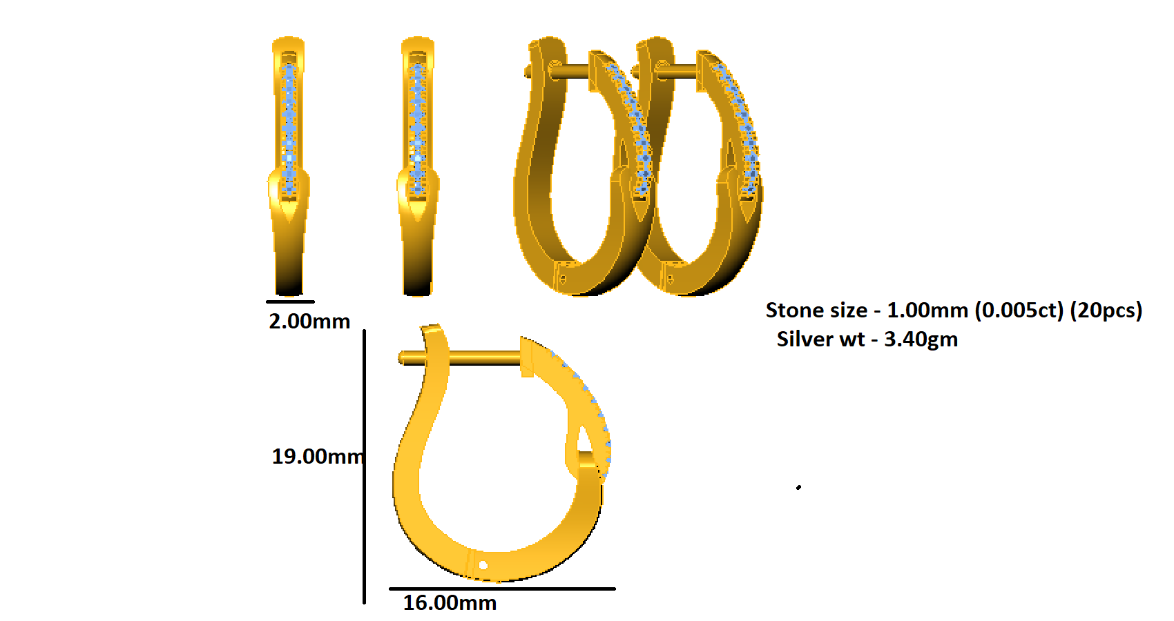 RKC 925 স্টার্লিং সিলভার হুপ মহিলাদের কানের দুল 14k হলুদ ওভার পণ্য Wt 3.40 GM উচ্চতা 19.00 MM