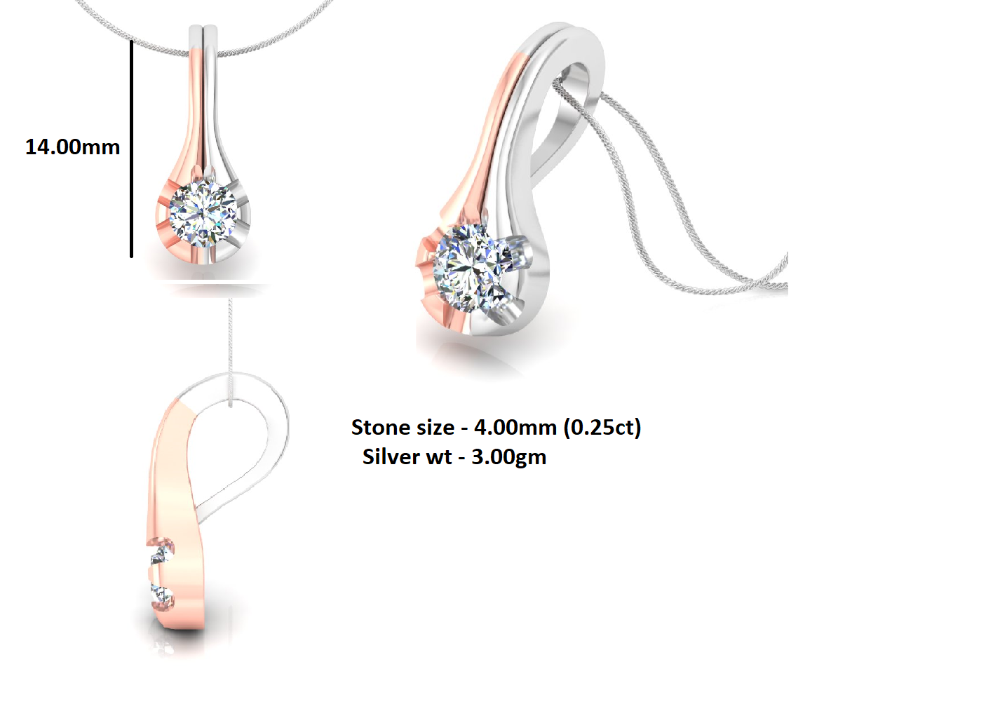 RKC Solitaire Mariage Argent Goutte 0,25 CT Moissanite Pendentif Plaqué Or Rose 14K Poids 3,00 g Hauteur 14,00 mm
