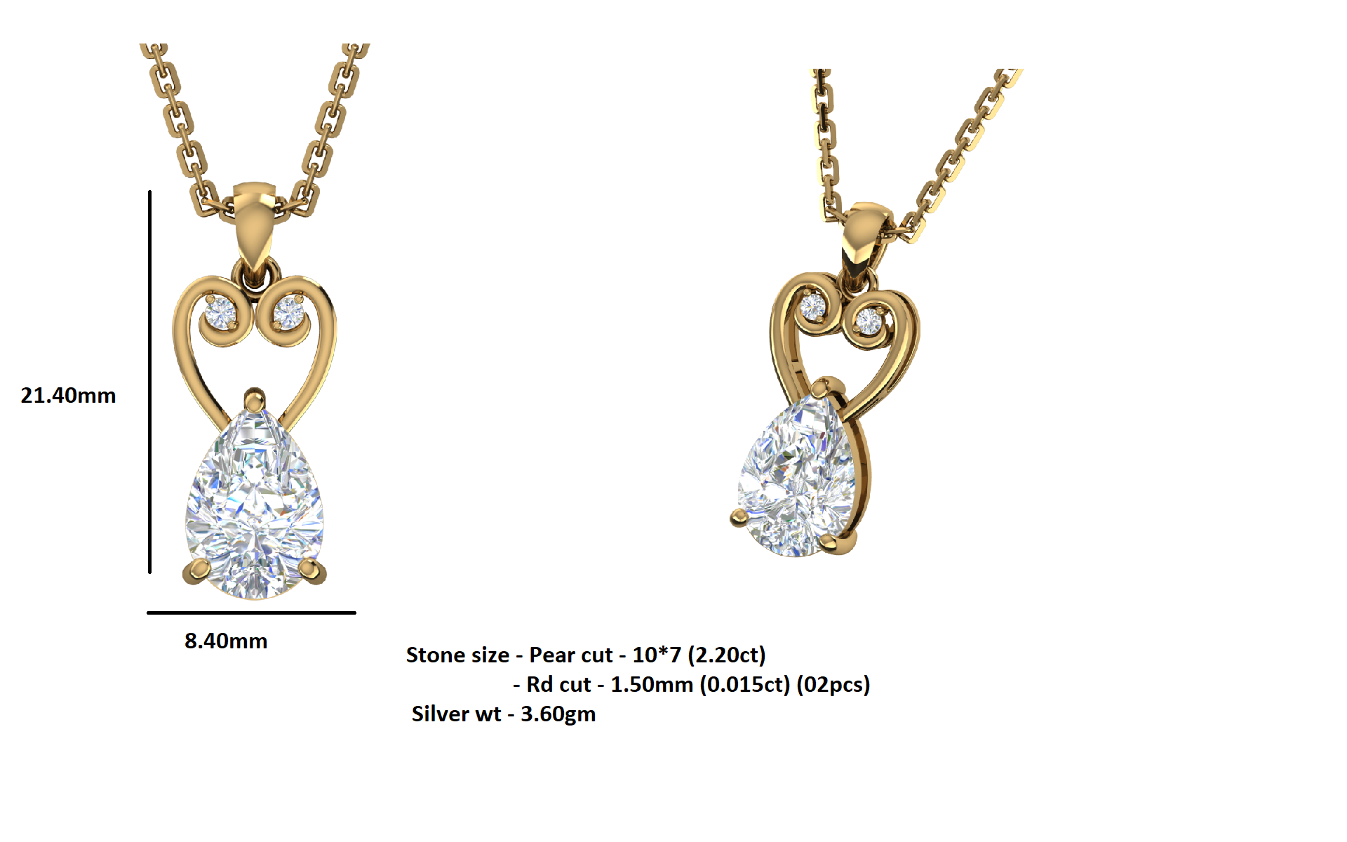 RKC 2,23 Ct könnycsepp moissanite medál 925 ezüst ékszer 14 K sárga aranyozott, súlya 3,60 g