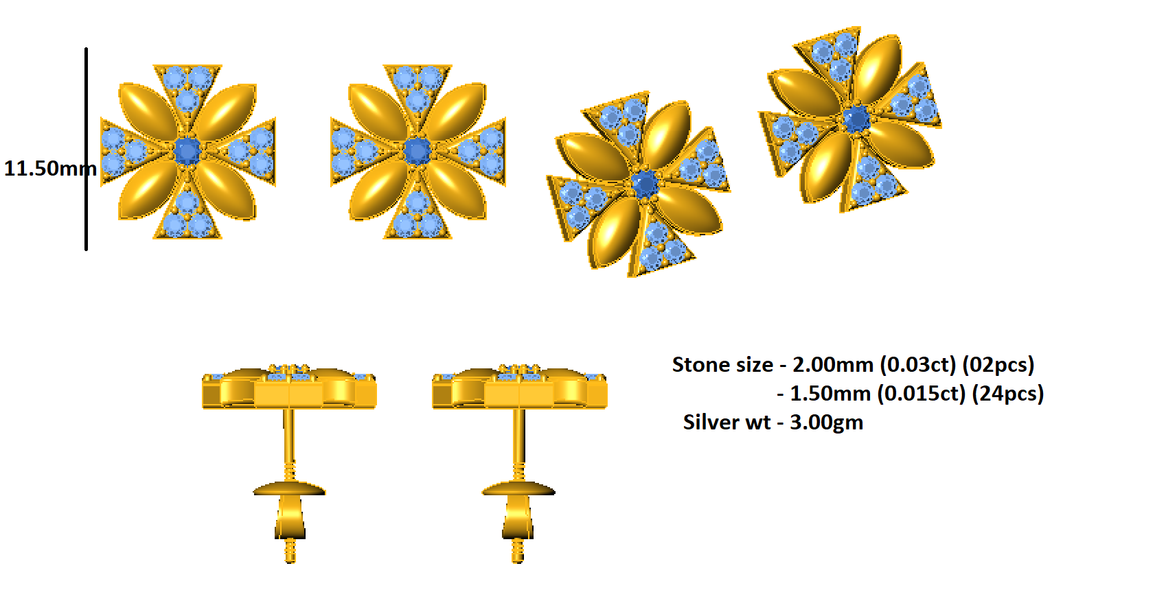 RKC 925 فضة استرليني حلق نسائي من الذهب الوردي عيار 14 قيراط يزيد وزنه عن 3.00 جرام ارتفاع 11.50 ملم
