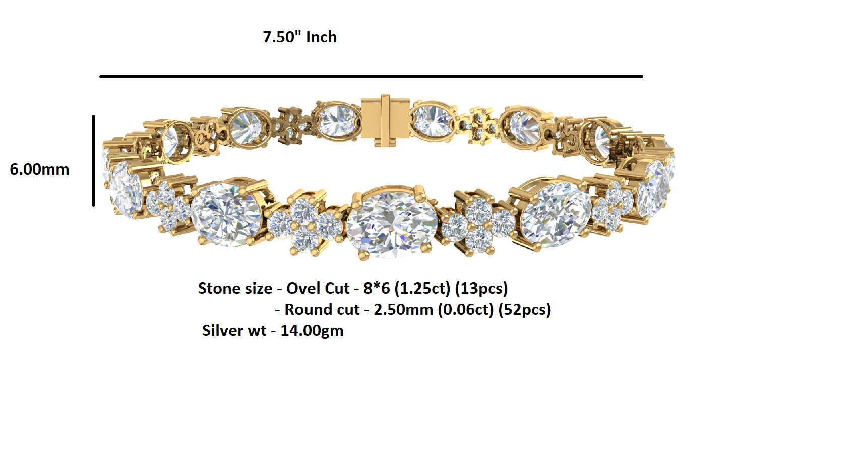 RKC 925 Sterling Silver 19.37 CT Moissanite for Women's Bracelet 14K Yellow Gold Plated Weight 14.00 GM