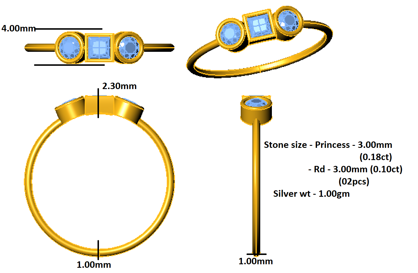 Заручальны пярсцёнак RKC Princess Moissanite з трох камянёў, срэбра 925 пробы, пакрыццё з ружовага золата, вага 1 г, шырыня 1 мм