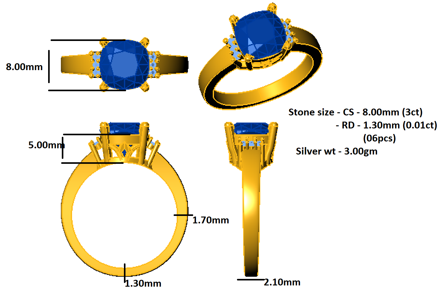 RKC Cushion Cut Moissanite Solitaire Wedding Ring 925 Silver 14K Yellow Gold Plated Wt 3 gm Width 2.10 MM