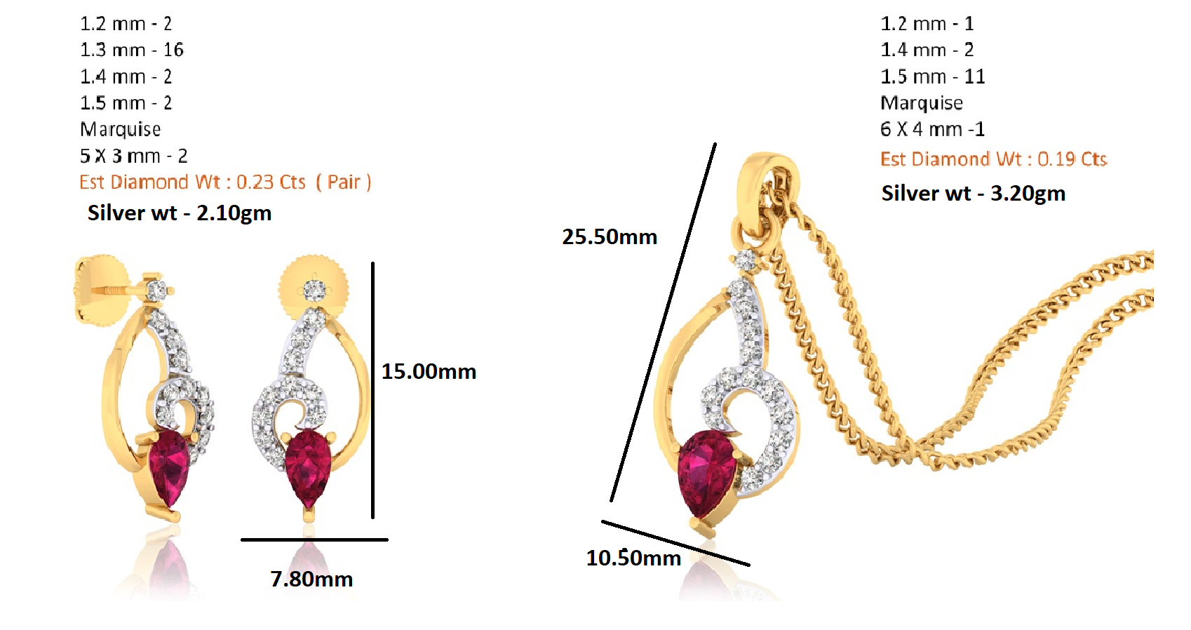 RKC 925 સિલ્વર ગોલ્ડન ટોટલ 0.42Ct મોઈસાનાઈટ પેન્ડન્ટ Wt 3.20gm અને Wt એરિંગ 2.10gm સેટ 14K રોઝ ગોલ્ડ પ્લેટેડ સાથે