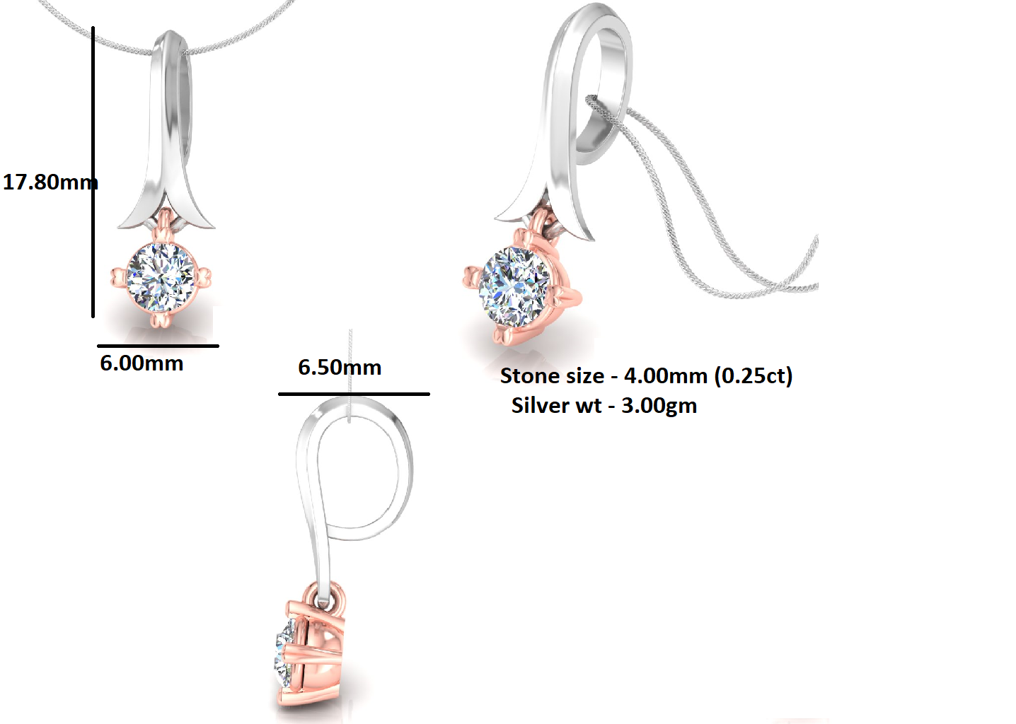 RKC Solitaire Rond Femmes 0,25 Ct Moissanite Pendentif Finition Or Rose 14K Poids 3,00 g Hauteur 17,80 mm