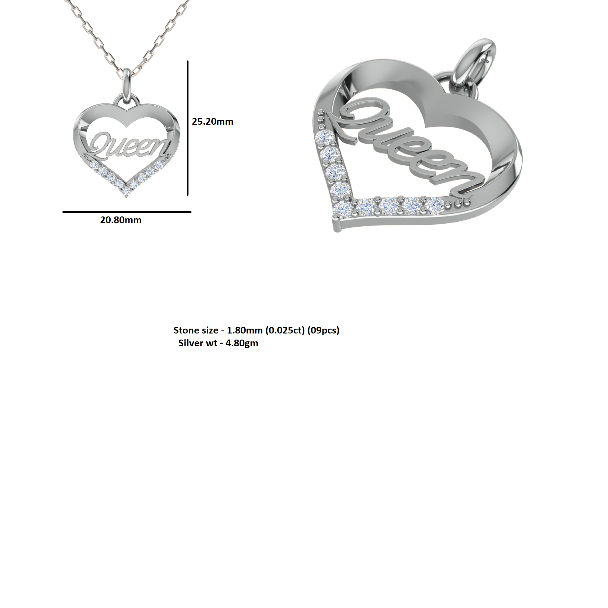 RKC 0.22Ct Moissanite Heart Pendant 925 Silver Jewelry 14K Rose Gold Plated Wt 4.80gm Height 25.20mm