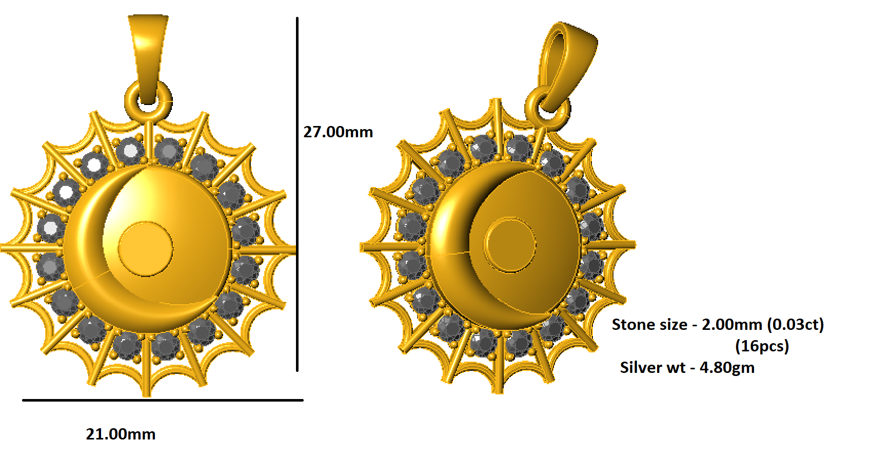 RKC 0.48Ct 모아사니트 문 펜던트 925 실버 주얼리 14K 옐로우 골드 도금 높이 27mm 4.80g