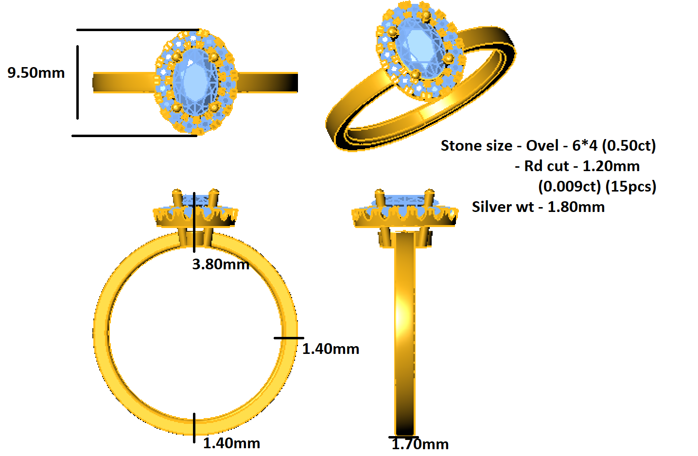 RKC Ovaler Moissanit-Halo-Ehering, 925er Silber, 14 Karat Gelbgold vergoldet, für Damen, Gewicht 1,80 Karat, Breite 1,70 mm