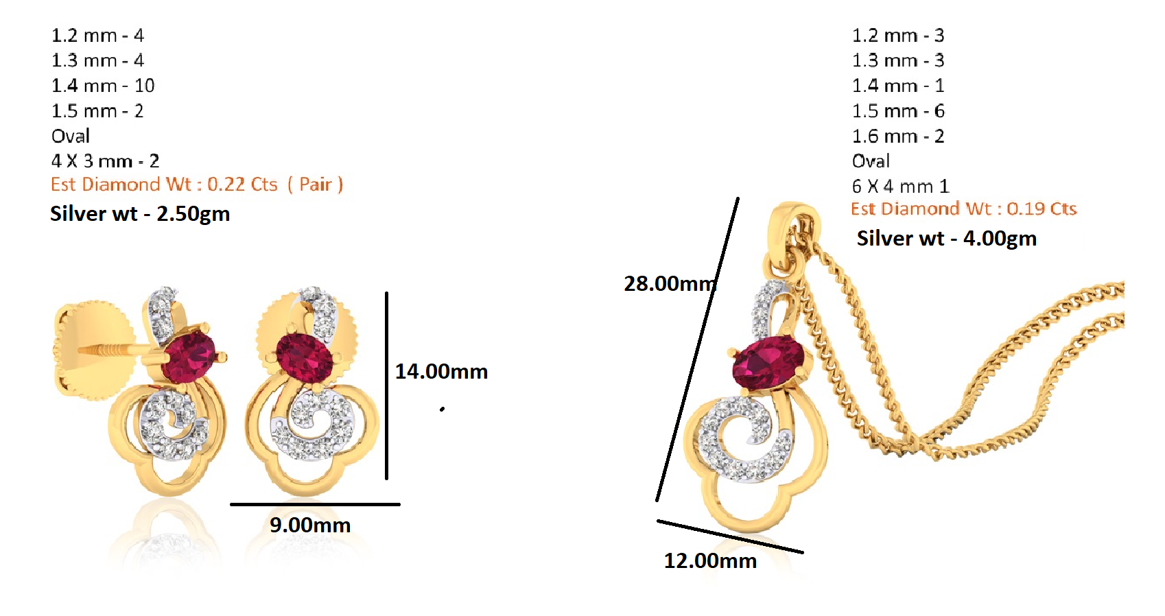 RKC 925 Silver Golden Total 0,41 Ct moissanite medál 4,00 g és 2,50 g súlyú fülbevaló készlet 14 karátos sárga arannyal