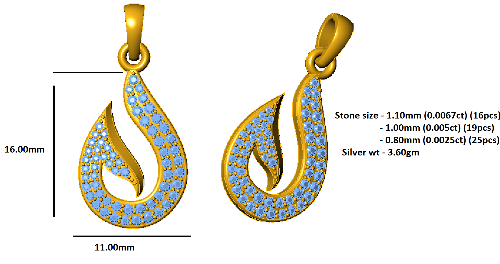 RKC 0.26Ct Sapphire Teardrop Pendant 925 Silver Jewelry 14K Rose Gold Plated Wt 3.60gm Height 16.00mm