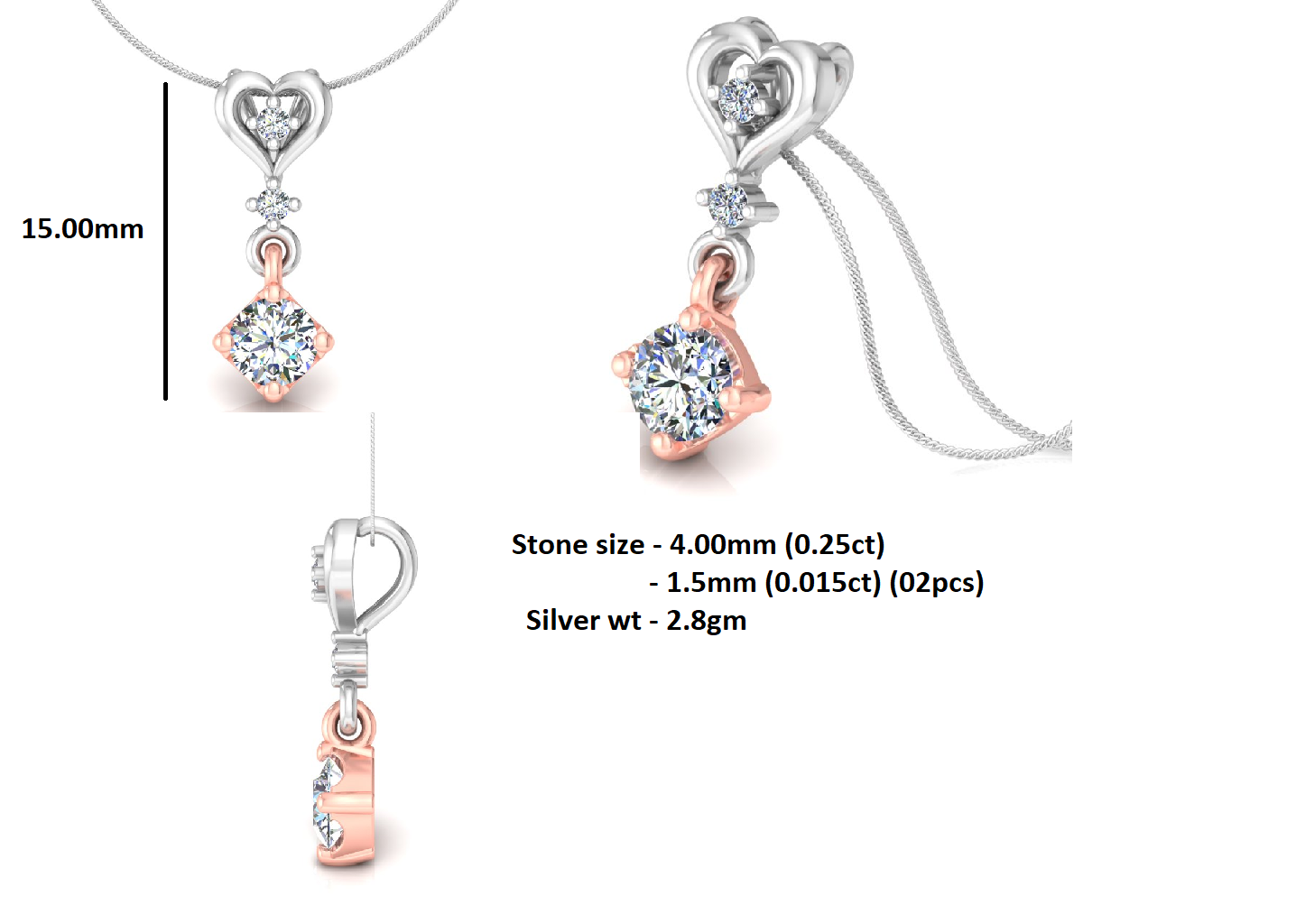 RKC হার্ট লুপ ড্রপ সিলভার 0.40 Ct ময়সানাইট দুল 14K হলুদ গোল্ড ফিনিশ Wt 2.8 গ্রাম উচ্চতা 15 মিমি