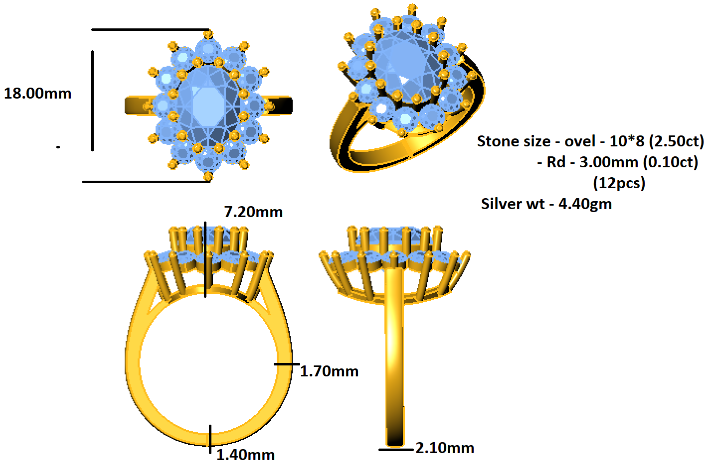 RKC Oval Cut Moissanite Women's Halo Style Engagement Ring 925 Sterling Silver 14K Yellow Gold Plated Wt 4.40 gm Width 2.10 MM
