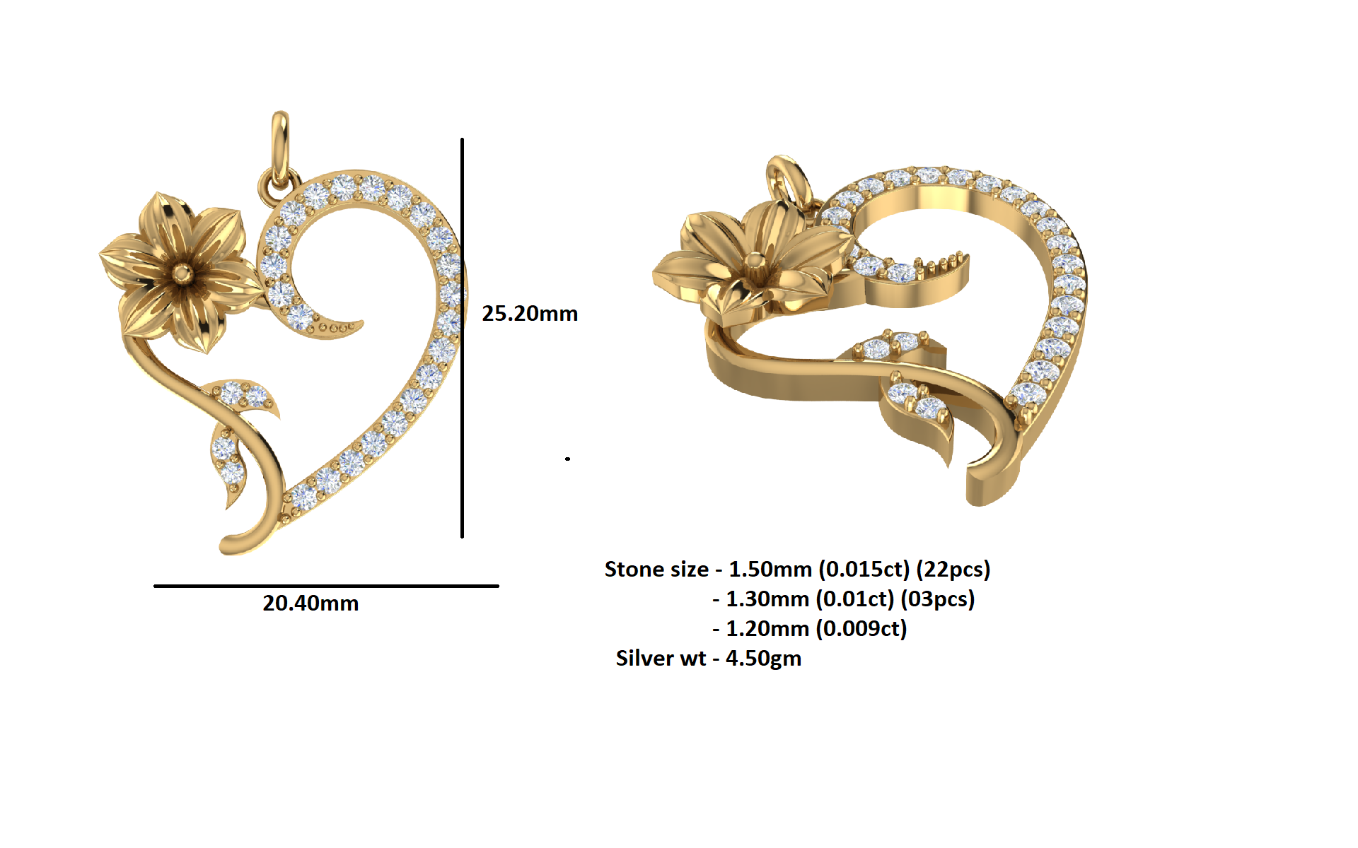 RKC 0.36Ct 모이사나이트 하트 펜던트 925 실버 주얼리 14K 옐로우 골드 도금 중량 4.50gm 높이 25.20mm