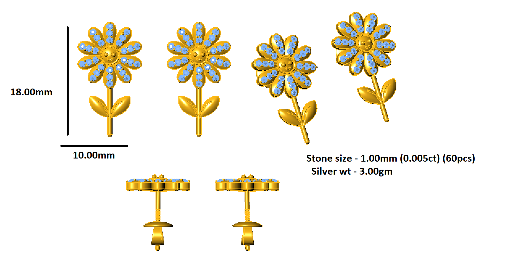 RKC 925 فضة عباد الشمس دفع مرة أخرى حلق نسائي من الذهب الأبيض عيار 14 قيراط أكثر من وزن 3.00 جم ارتفاع 18.00 مم