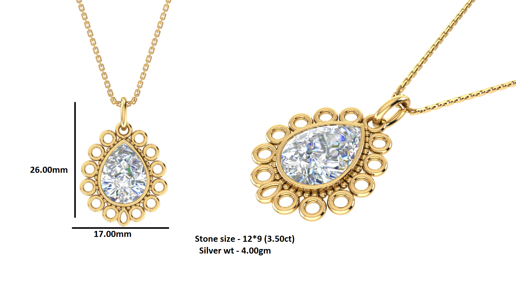 RKC Moissanite/ CZ Golden Pear Shape Pendant with Link Chain 14k Yellow Gold Plated Weight gm