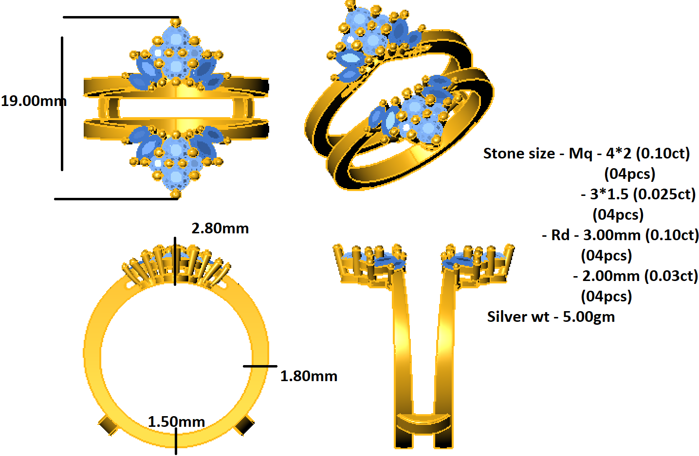 RKC Round Moissanite Marquise Enhancer Wedding Ring Jacket Ring 925 Sterling 14K Yellow Gold Plated Wt 5 gm