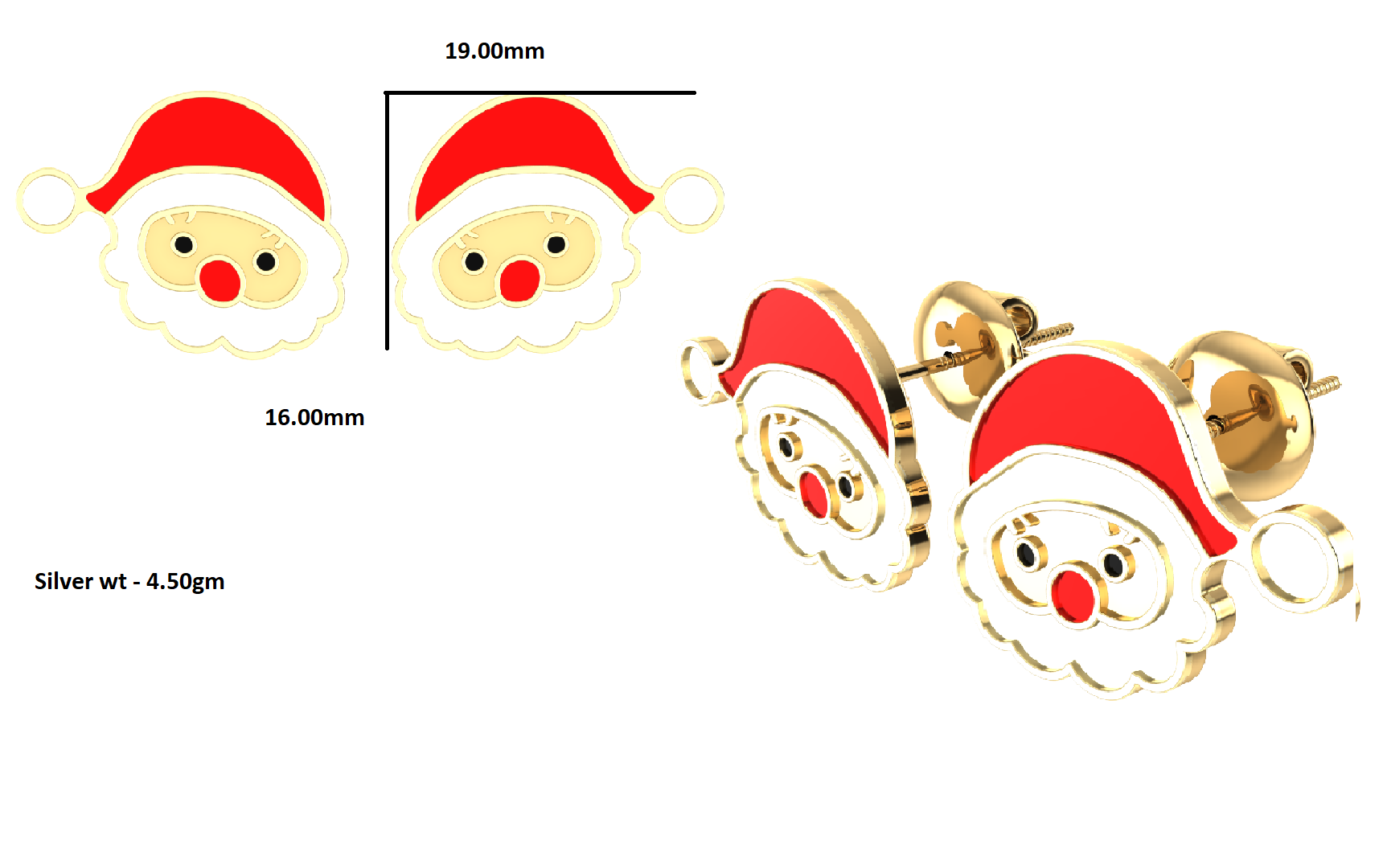 RKC 925 Sterling Silver Santa Claus Enamel Stud Women's Earring 14k Rose Over Wt 4.50gm Height 16.00mm