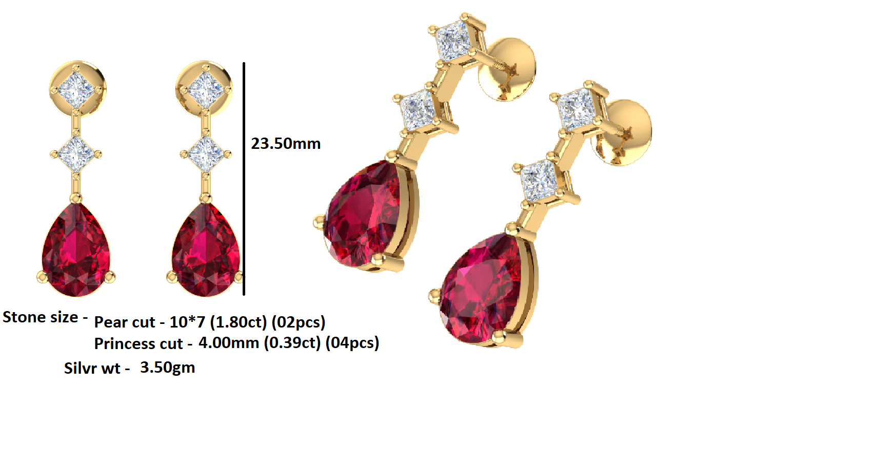 RKC 925 Sterling Silver Drop Dangle Women's Earring 14k Yellow Over Wt 3.50gm Height 23.50mm