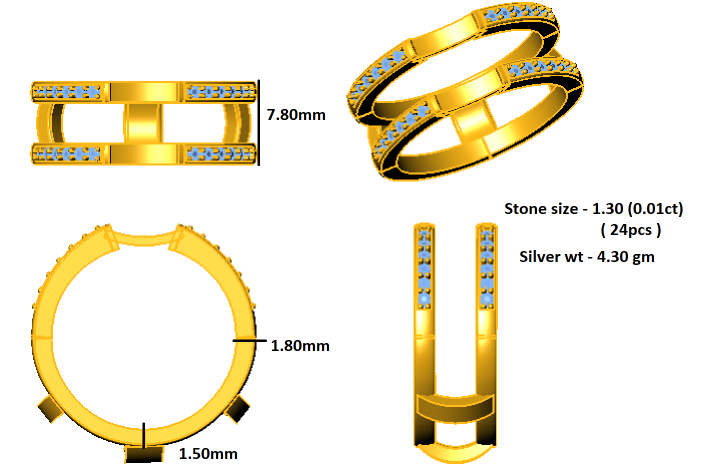 RKC 0.24 CT Round Cut Moissanite Wrap Guard Enhancer Band For Women's 925 Silver Wt 4.30 gm Width 7.80 MM