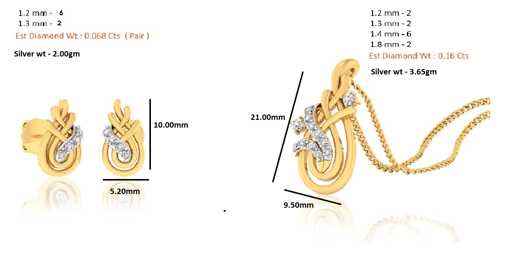 Ciondolo in moissanite da 0,22 ct in argento dorato RKC 925 con peso di 3,65 g e orecchino da 2,00 g con placcatura in oro giallo 14 carati