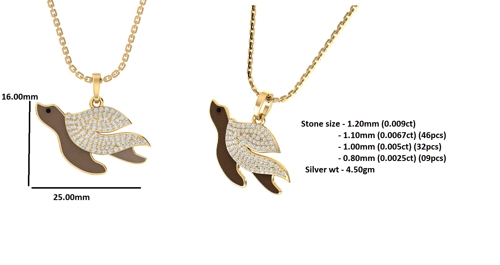 RKC 0.49 CT Moissanite Sea turtle Pendant 925 Silver Jewelry 14K Yellow Gold Plated Wt 4.50 GM Height 16.00 MM